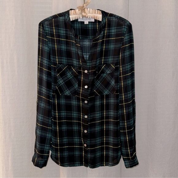 aliceblue x Stitch Fix L Green Black Gold Plaid Button Down Long Sleeve Blouse - Picture 2 of 13